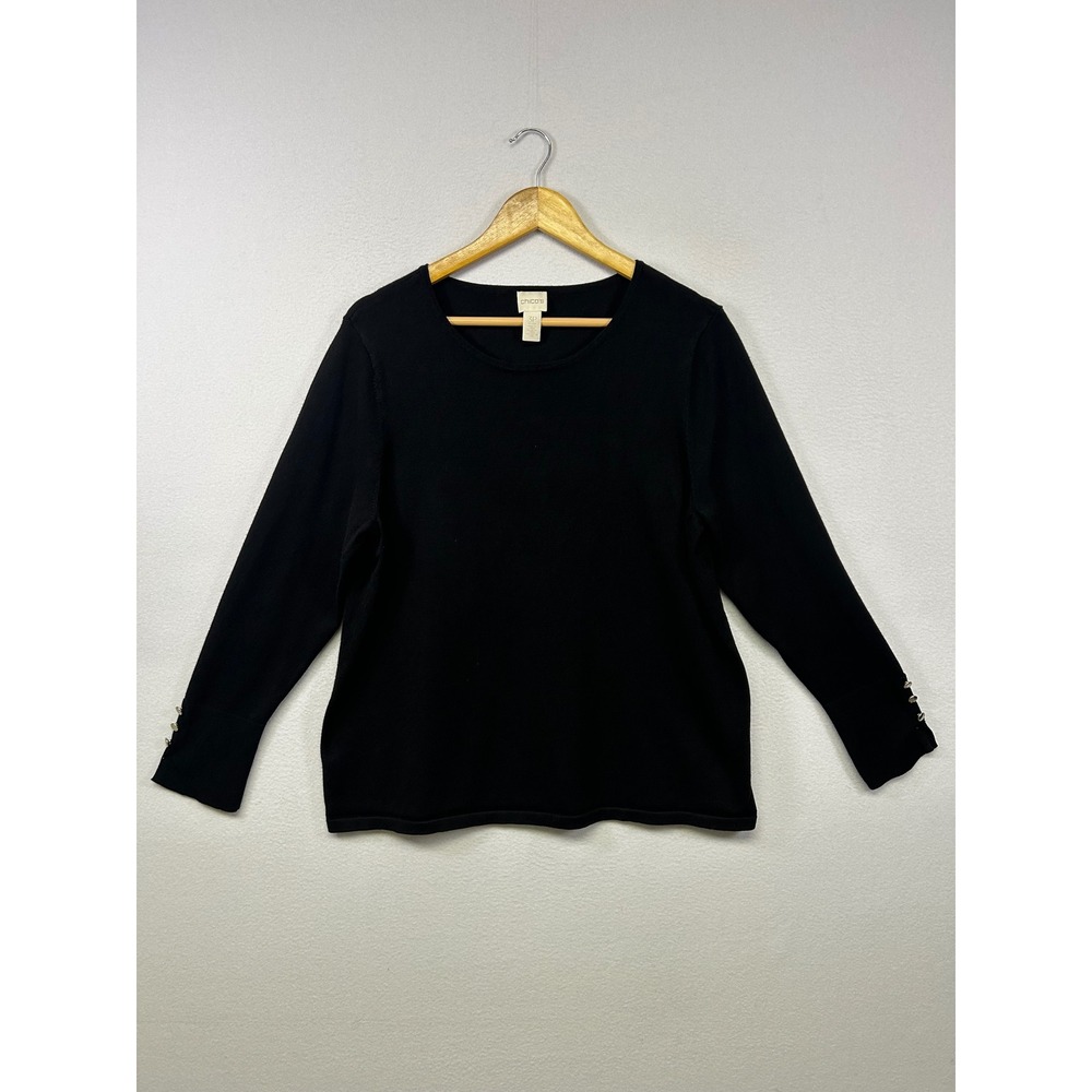 Classic‎ Minimalist Chicos Womens XLP Black Button Cuff Crew Neck Sweater Top